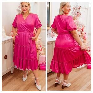 Ivy City Millie Midi Dress sz 3X Pink Metallic Shimmer Tiered MISSING TIE BELT